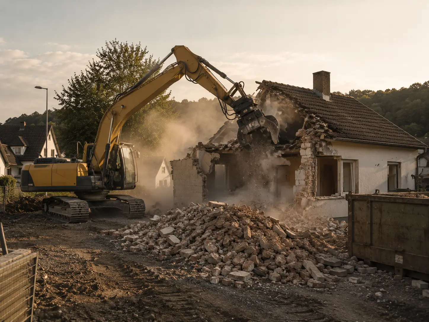 Gebäudeabbruch mit Bagger und Sortiergreifer in der Vulkaneifel