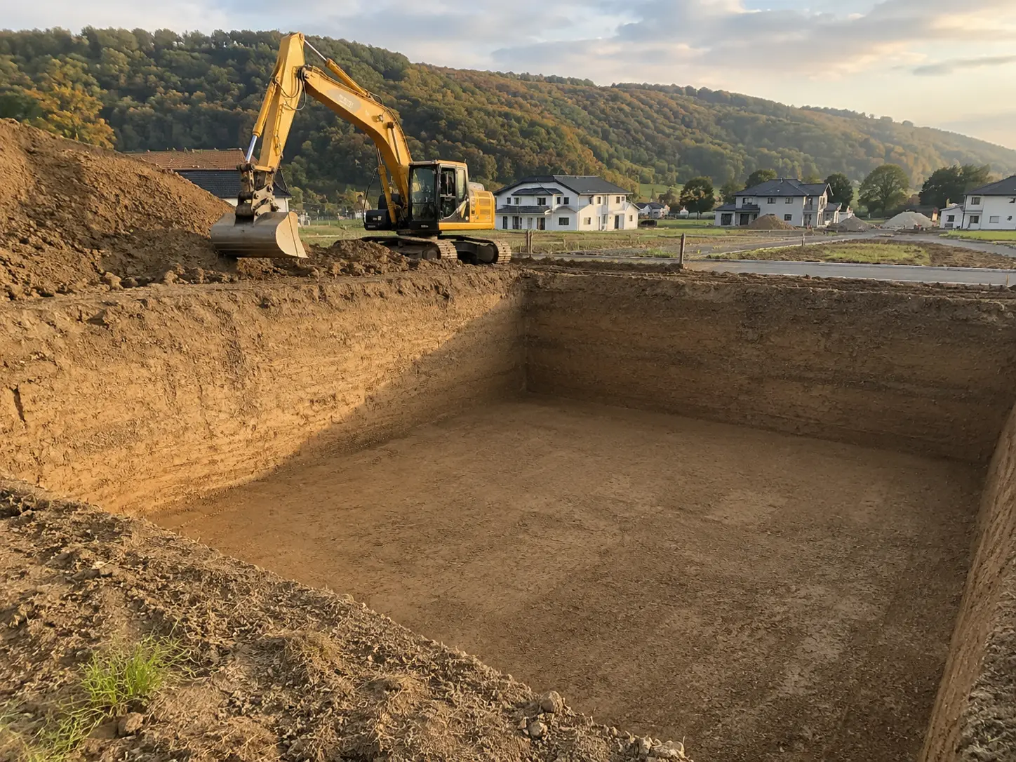 Baugrubenaushub mit Kettenbagger bei Erdarbeiten in der Vulkaneifel