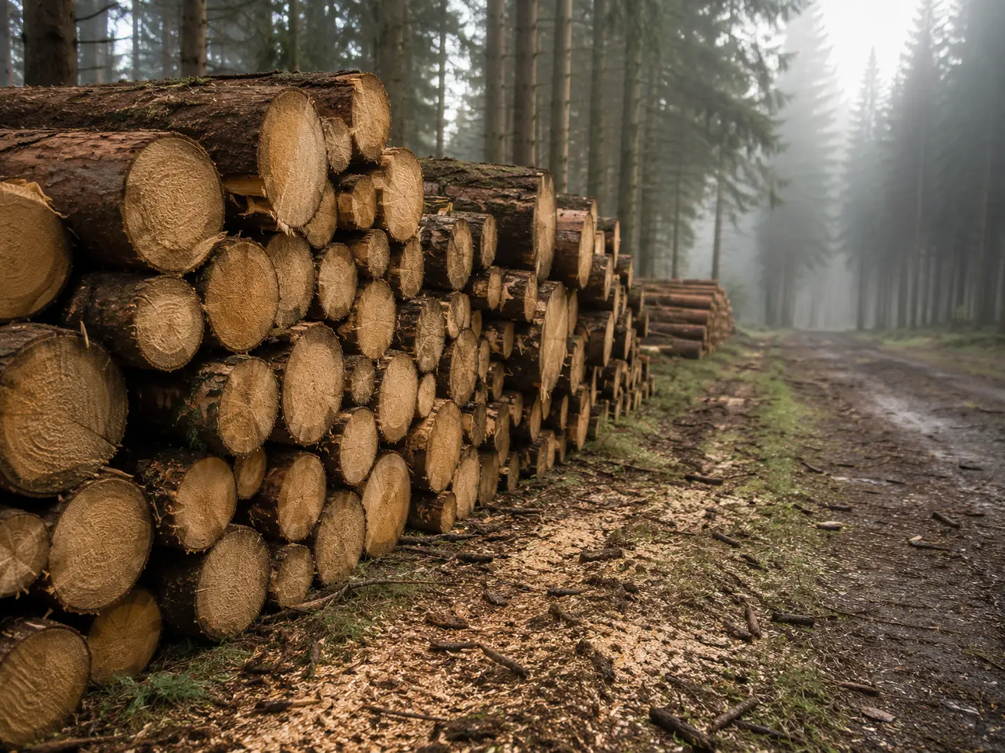 Forstarbeiten mit Bagger und Holzgreifer im Wald der Vulkaneifel