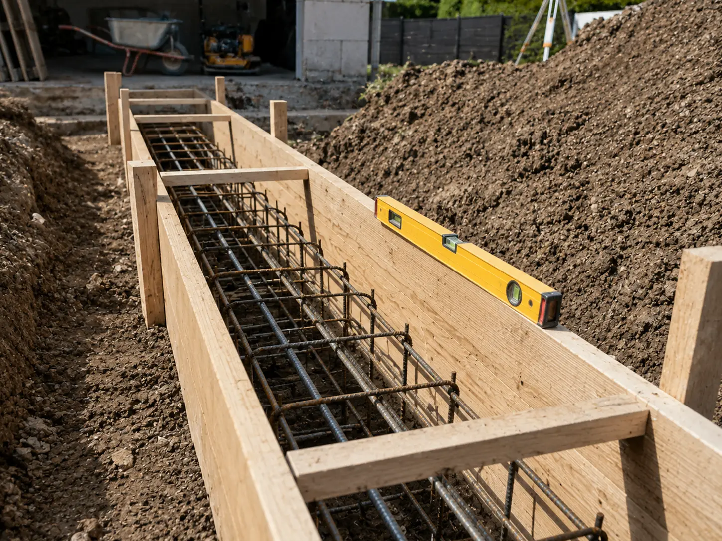 Geschaltes und bewehrtes Streifenfundament vor der Betonage in der Vulkaneifel