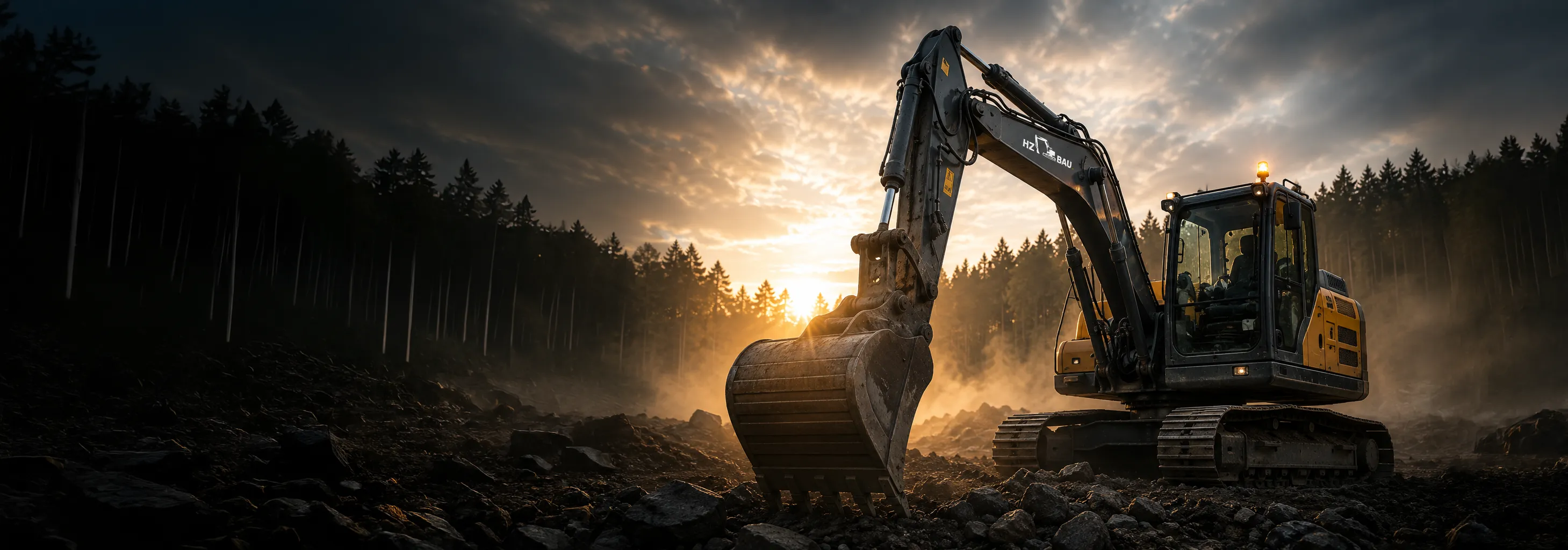 Kettenbagger der HZ Bau & Forst GmbH bei Erdarbeiten im Morgenlicht in der Vulkaneifel