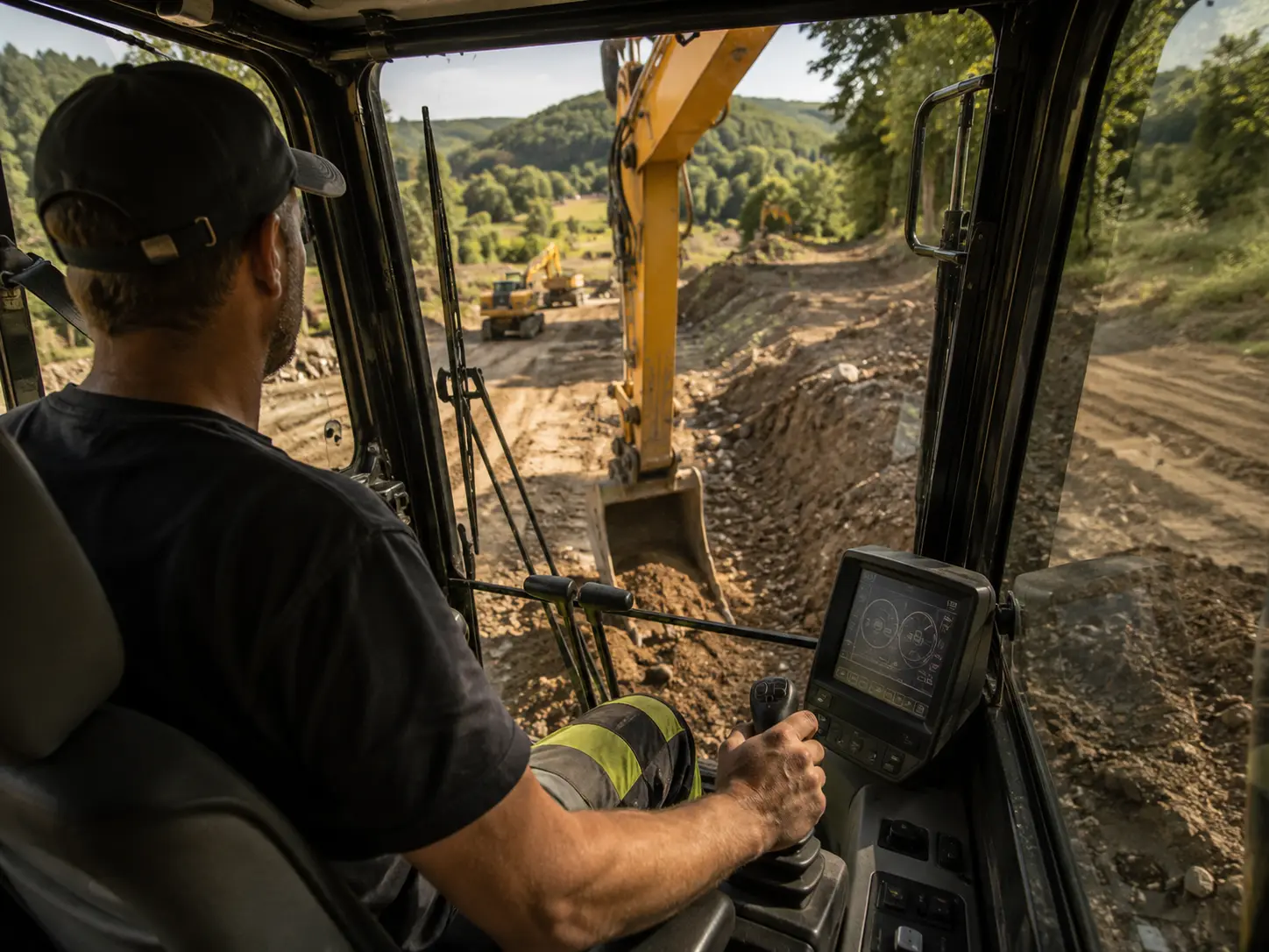 Baggerfahrer bei der Arbeit auf einer Baustelle der HZ Bau