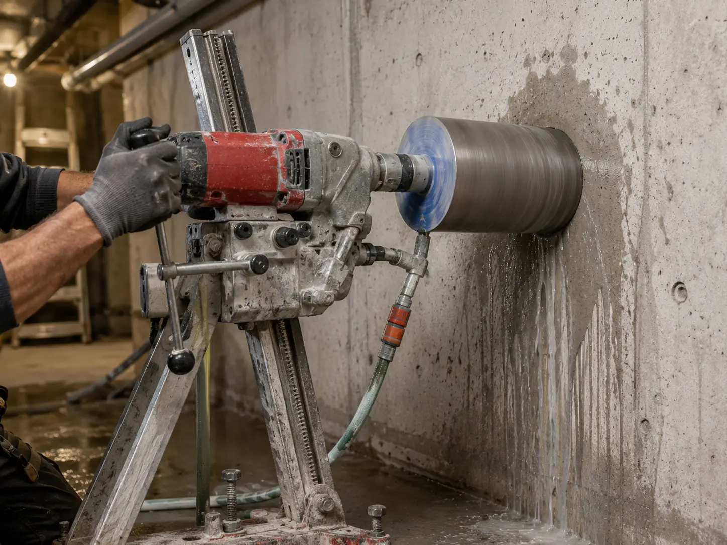 Kernlochbohrung mit Diamantbohrkrone durch eine Betonwand