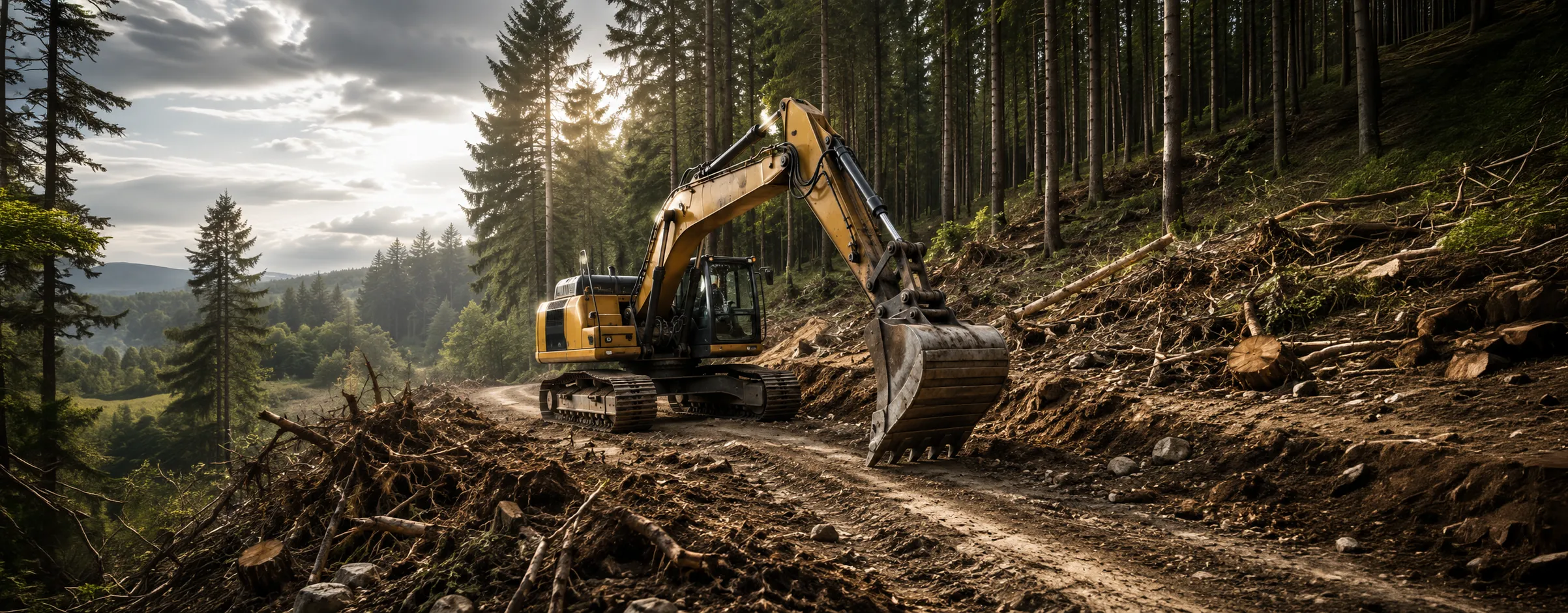 Bagger aus dem Maschinenpark der HZ Bau beim Waldwegebau in der Eifel