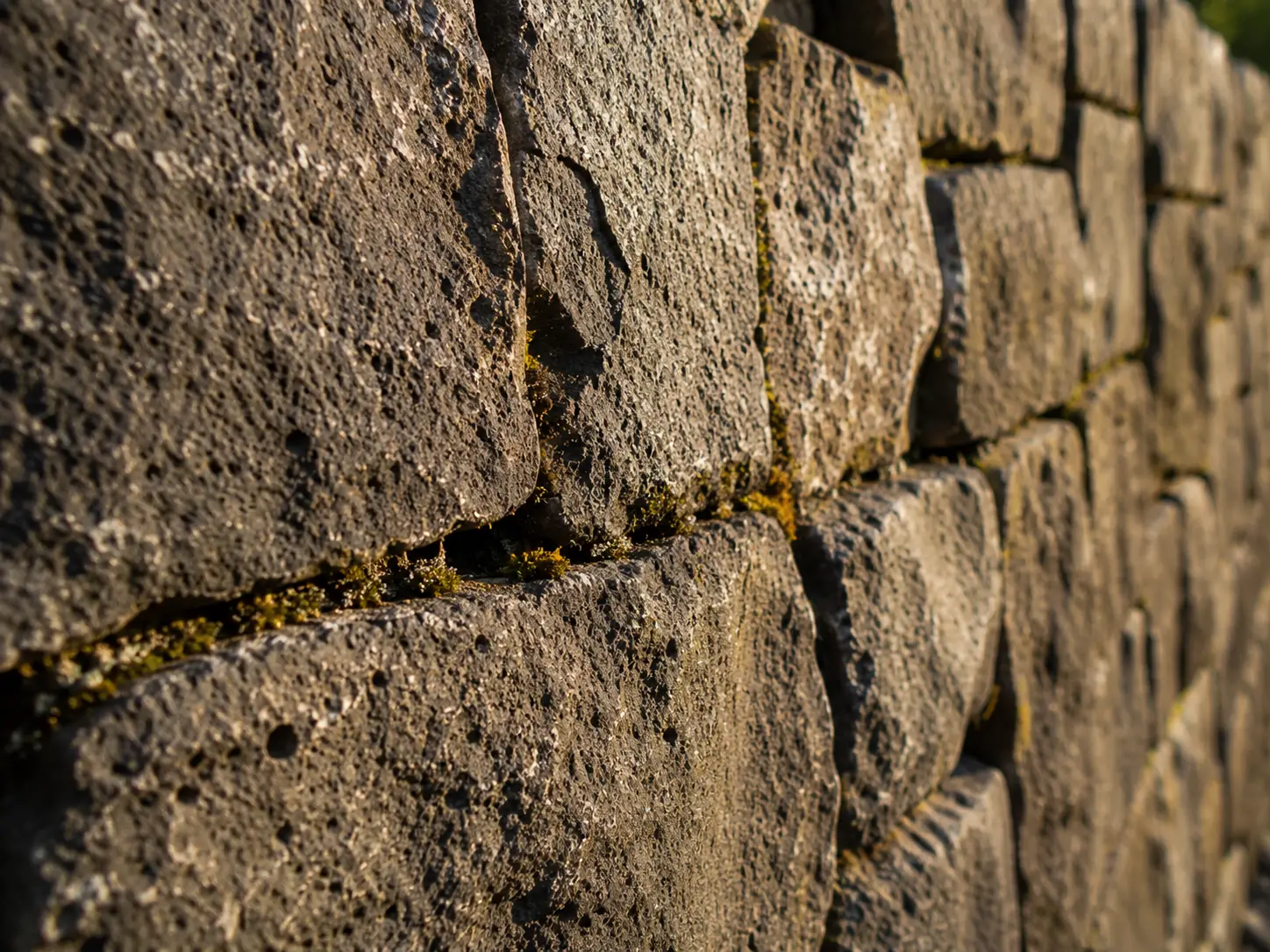 Detailaufnahme einer Natursteinmauer aus Basalt