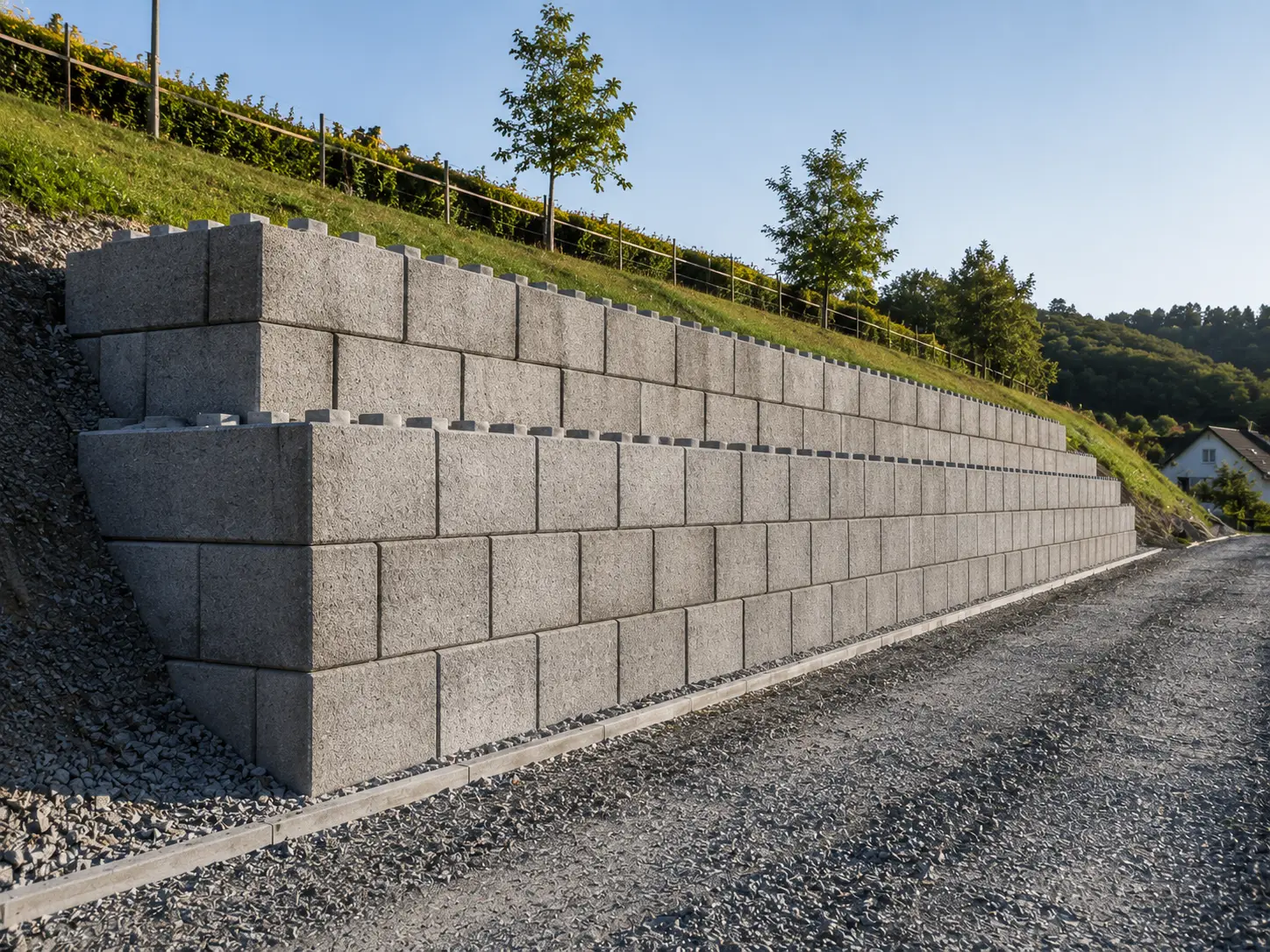 Fertige Schwerlastmauer aus Betonblöcken an einer Zufahrt bei Daun