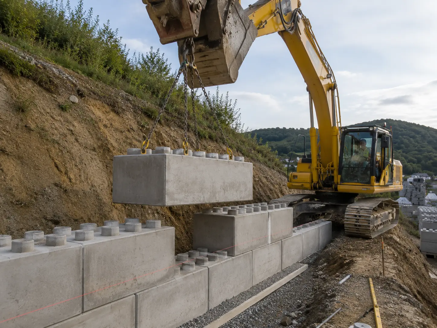 Versetzen von Betonblöcken für eine Schwerlastmauer in der Vulkaneifel