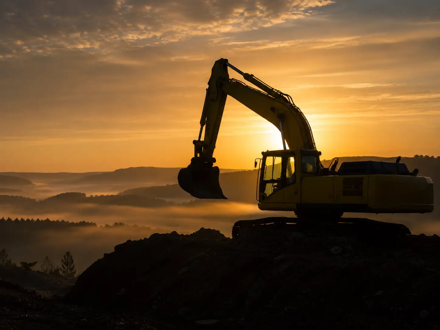 Bagger der HZ Bau bei Sonnenaufgang in der Eifel