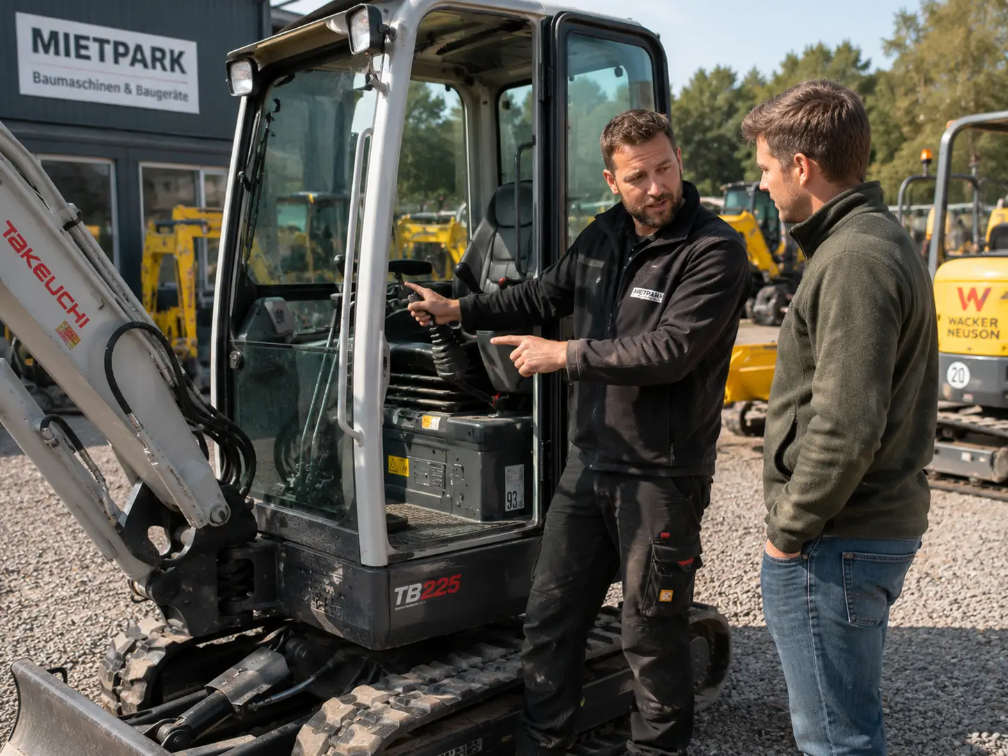 Einweisung eines Kunden am Minibagger beim Baumaschinenverleih